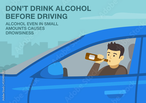 Safe driving tips and traffic regulation rules. How to stay awake when driving. Don't drink alcohol, it causes drowsiness. Close-up of male driver holding a bottle. Flat vector illustration.