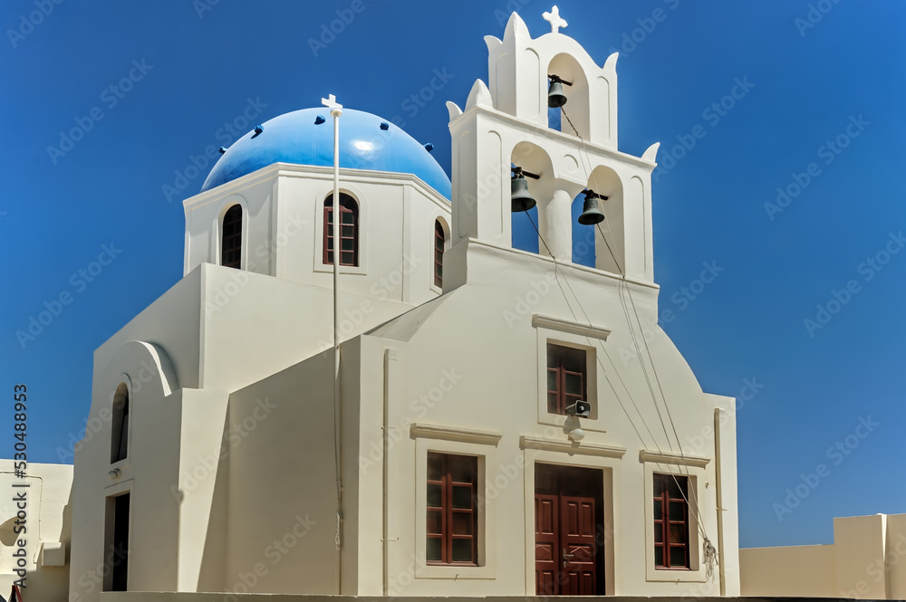 Facade of the  traditional church on Santorini Greece