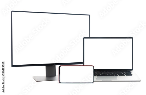 blank screen for text on computer monitor, laptop and smart phone with isolated white background.