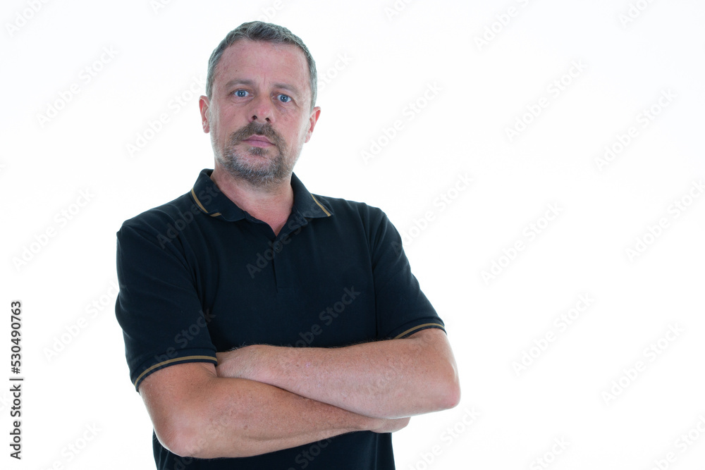 Handsome man standing with arms crossed smiling happiness on isolated white background Handsome man standing with arms crossed smiling happiness on isolated white background