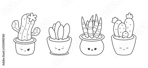 Collection of cacti and house plants with funny faces. Set of kawaii potted plants and cacti in black linear drawing style. Vector illustration isolated on white background