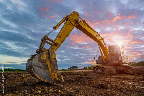 Excavator or backhoe in the Lanscape construction site