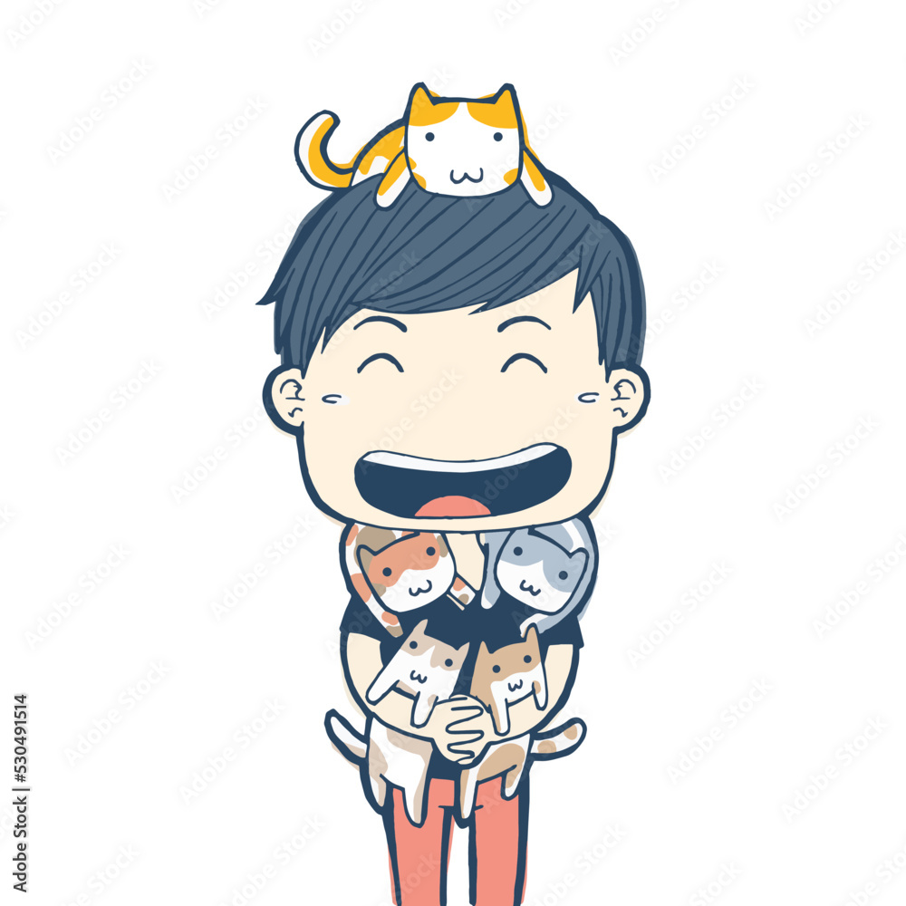happy man with cats vector illustration