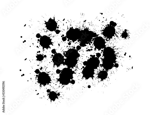 Black paint splatter set isolated on white background. Water splash silhouette vector texture overlay.