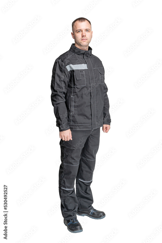 man in special clothes for workers on a white isolated background. a man in uniform