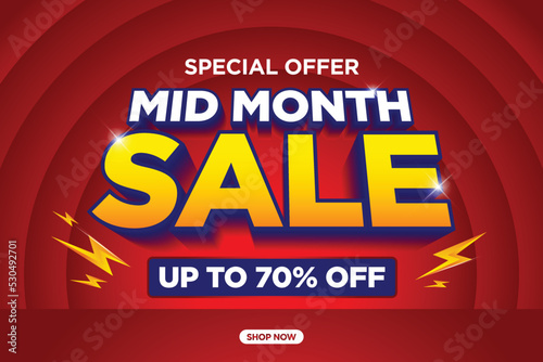 Mid month sale poster or banner vector template design. Big sale event on the red background. Ads for web, social media, shopping online.