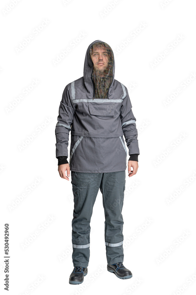 man in special clothes for workers on a white isolated background. a man in uniform man in special clothes for workers on a white isolated background. a man in uniform