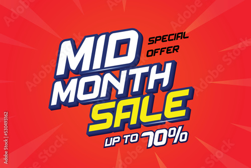Mid month sale poster or banner vector template design. Big sale event on the red background. Ads for web, social media, shopping online.