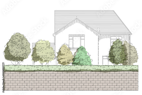 レンガと生垣の外構のイラスト（ベクター素材）