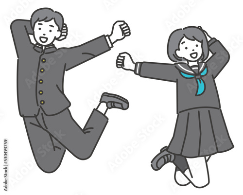 元気いっぱいでジャンプをする学ランとセーラー服の学生のベクターイラスト素材／制服／高校生／中学生／塾／走る／元気