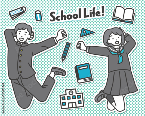 学校生活を楽しむ学ランとセーラー服の学生のベクターイラスト素材／制服／高校生／中学生／塾／走る／元気