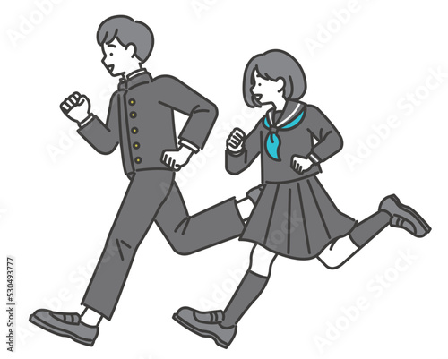 学生生活を駆け抜ける学ランとセーラー服の学生のベクターイラスト素材／制服／高校生／中学生／塾／走る／元気