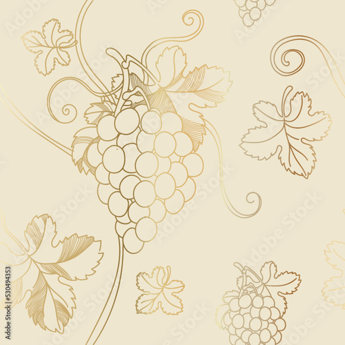 Vector grape branch seamless pattern. Grapevines Fruit vintage golden line botanical hand drawn illustration. Winegrowing decor.