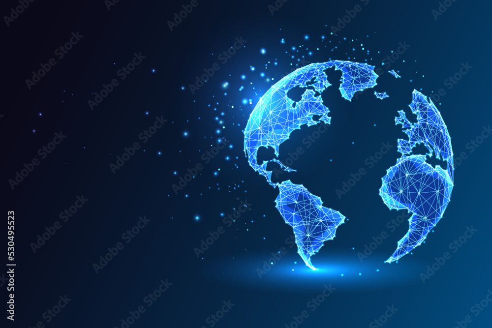 Global network connection concept with planet Earth globe map in futuristic glowing style on blue