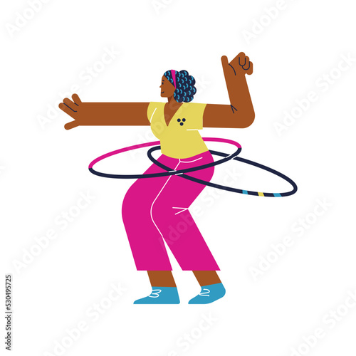 Happy curly woman spins two hula hoops at once flat style