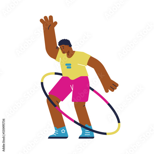 Young boy hula hoop spinning flat style, vector illustration