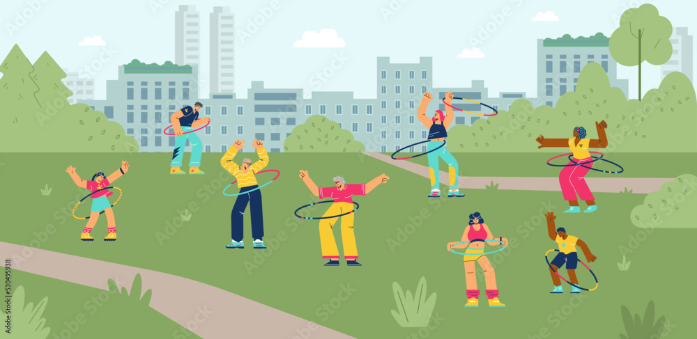 People in city park spinning hula hoop, group outdoor exercises - flat vector illustration.