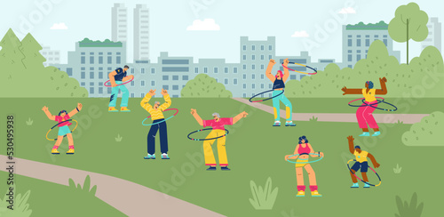 Fototapeta Naklejka Na Ścianę i Meble -  People in city park spinning hula hoop, group outdoor exercises - flat vector illustration.