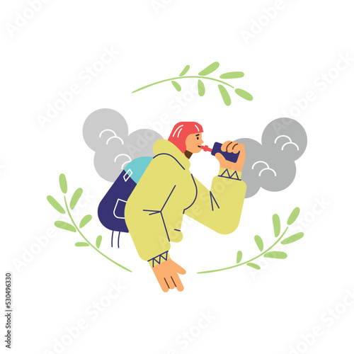 Young woman or teenager vaping electronic cigarette, flat vector illustration isolated on white background.