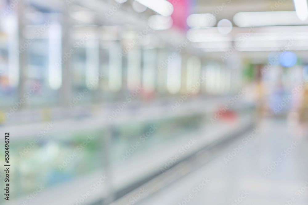 Supermarket aisle and shelves blurred store interior background. Background with text space for text, ready idea for postcard or website design