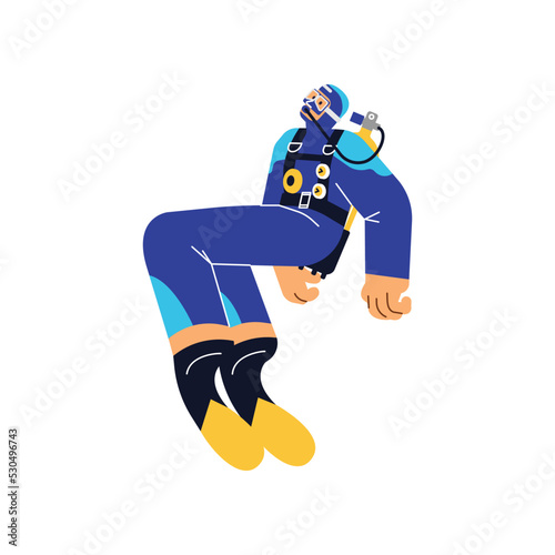 Character swimming underwater in scuba diving equipment, flat vector illustration isolated on white background.