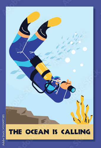 Scuba diving advertising poster, character exploring underwater life with binocular, flat vector illustration.