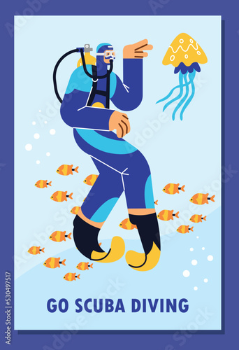 Scuba diver exploring underwater life surrounded by jellyfish and fishes  poster template flat vector illustration.
