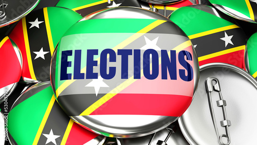Saint Kitts and Nevis and Elections - dozens of pinback buttons with a flag of Saint Kitts and Nevis and a word Elections. 3d render symbolizing upcoming Elections in this country.,3d illustration