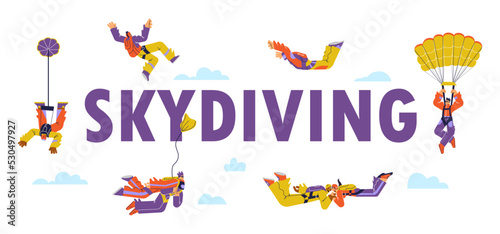 Skydiving typographic header with people jumping with parachute, flat vector illustration on white background.