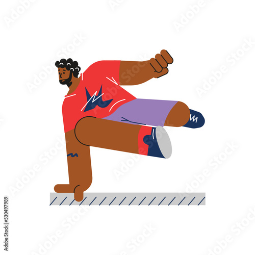 Man performing parkour and jumping over obstacles, flat vector illustration isolated on white background.