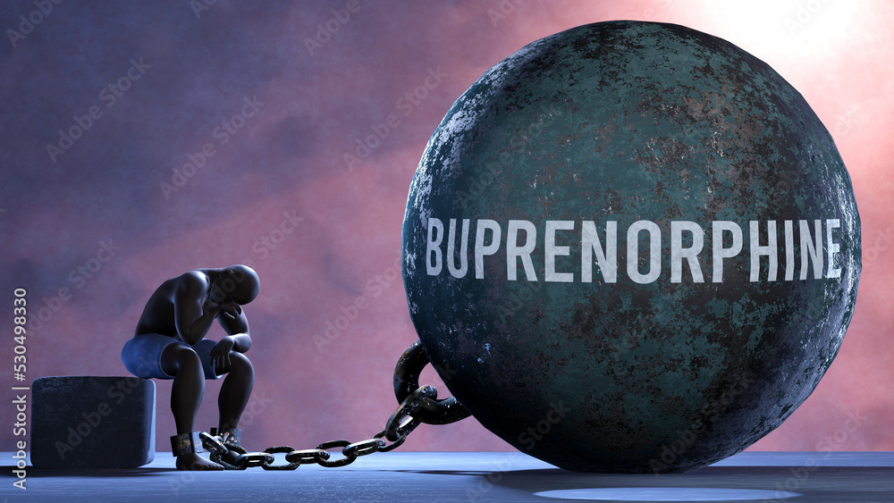 Buprenorphine that limits life and make suffer, imprisoning in painful condition. It is a burden that keeps a person enslaved in misery.,3d illustration - obrazy, fototapety, plakaty 