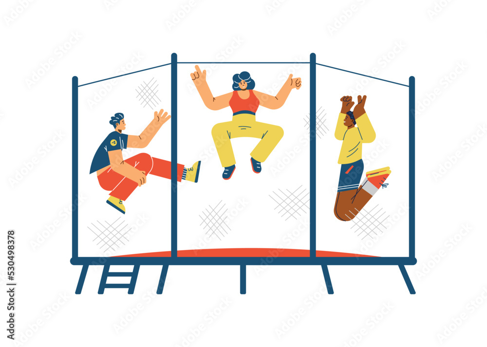 Fototapeta premium People jumping on trampoline flat style, vector illustration
