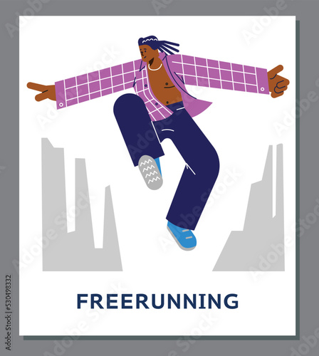 Poster with jumping young boy in unbuttoned purple plaid shirt about freerunning