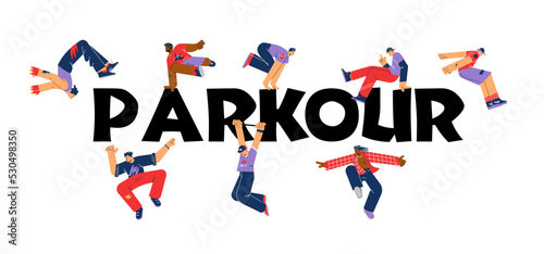 Parkour typographic header with young people performing parkour, flat vector illustration isolated on white background.