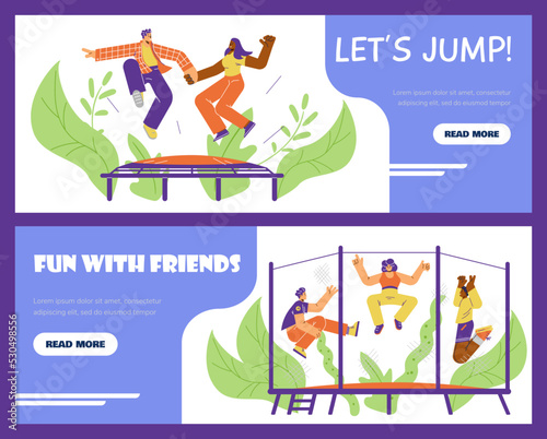 Trampolining entertainment and fitness activity banners vector illustration.