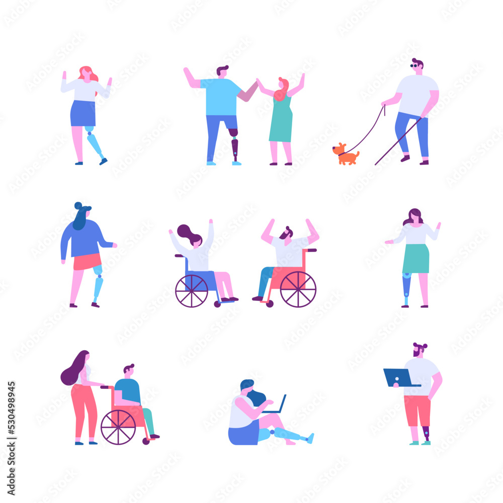 Disability. Person with prosthesis, wheelchair flat vector illustration