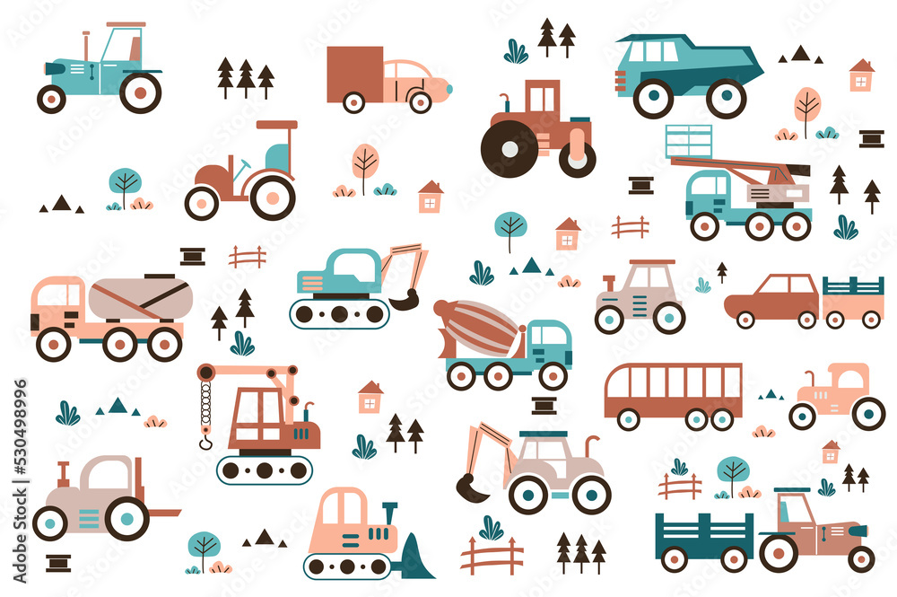 Transport and construction machinery cute set in flat cartoon design. Bundle of tractor, truck, dump, crane, excavator, concrete mixer, forklift, car and other. Illustration isolated elements Transport and construction machinery cute set in flat cartoon design. Bundle of tractor, truck, dump, crane, excavator, concrete mixer, forklift, car and other. Illustration isolated elements