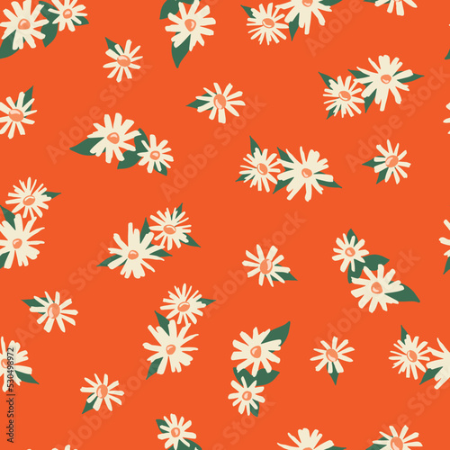 Daisy Flowers seamless vector pattern. Autumn florals orange fall background with white beige daisies. Floral repeating pattern for Thanksgiving fabric, gift wrap, autumn home decor, ditsy print. © StockArtRoom