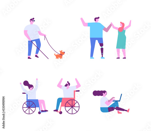 Disability. Person with prosthesis, wheelchair flat vector illustration