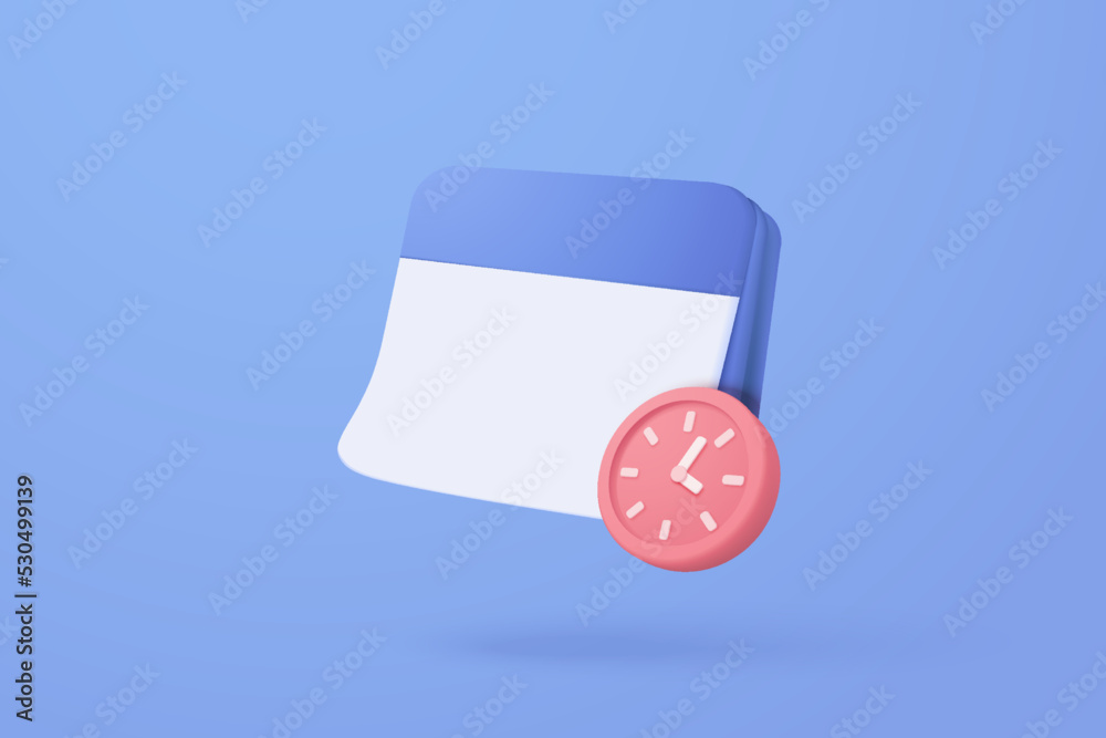 3d calendar marked date and time for reminder day in blue background. Calendar with clock for schedule appointment, event day, holiday planning concept. 3d alarm clock icon vector render illustration - obrazy, fototapety, plakaty 