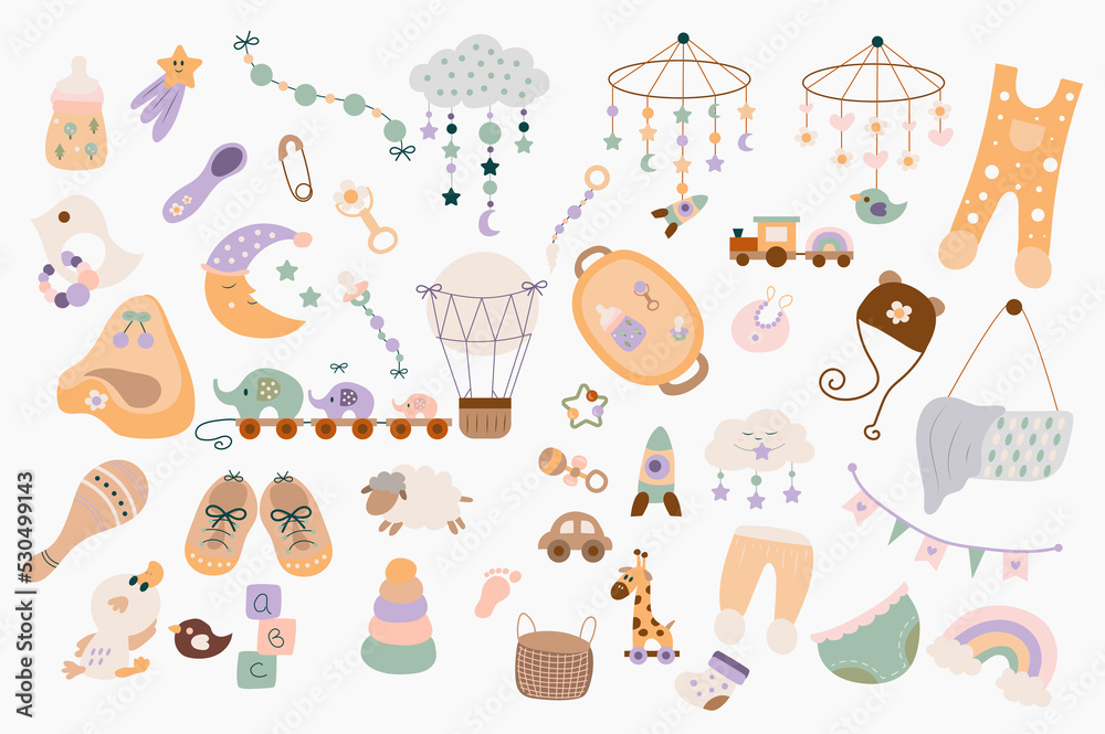 Newborn baby items cute set in flat cartoon design. Bundle of bottle, baby module, clothes, bib, pacifier, shoes, diapers, pants, toys, pyramid, hat and other. Illustration isolated elements