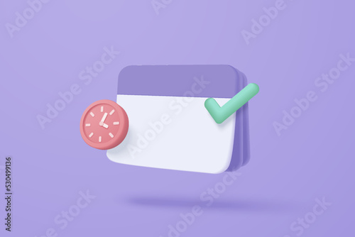 3d calendar mark date and time for reminder day in purple background. Calendar with clock for schedule appointment, event day, holiday planning concept. 3d alarm clock icon vector render illustration