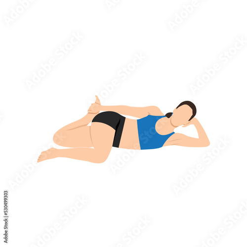 Woman doing Cat Tail Pulling Pose, Practice Cat Tail Pulling Pose. Flat vector illustration isolated on white background