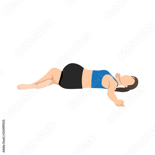 Woman doing Supta Matsyendrasana yoga pose, Reclined Spinal Twist pose. Flat vector illustration isolated on white background