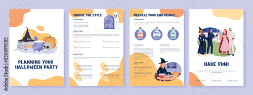 Planning Halloween party flat vector brochure template. Booklet, leaflet printable flat color designs. Editable magazine page, reports kit with text space. Nerko One, Quicksand, Comfortaa fonts used