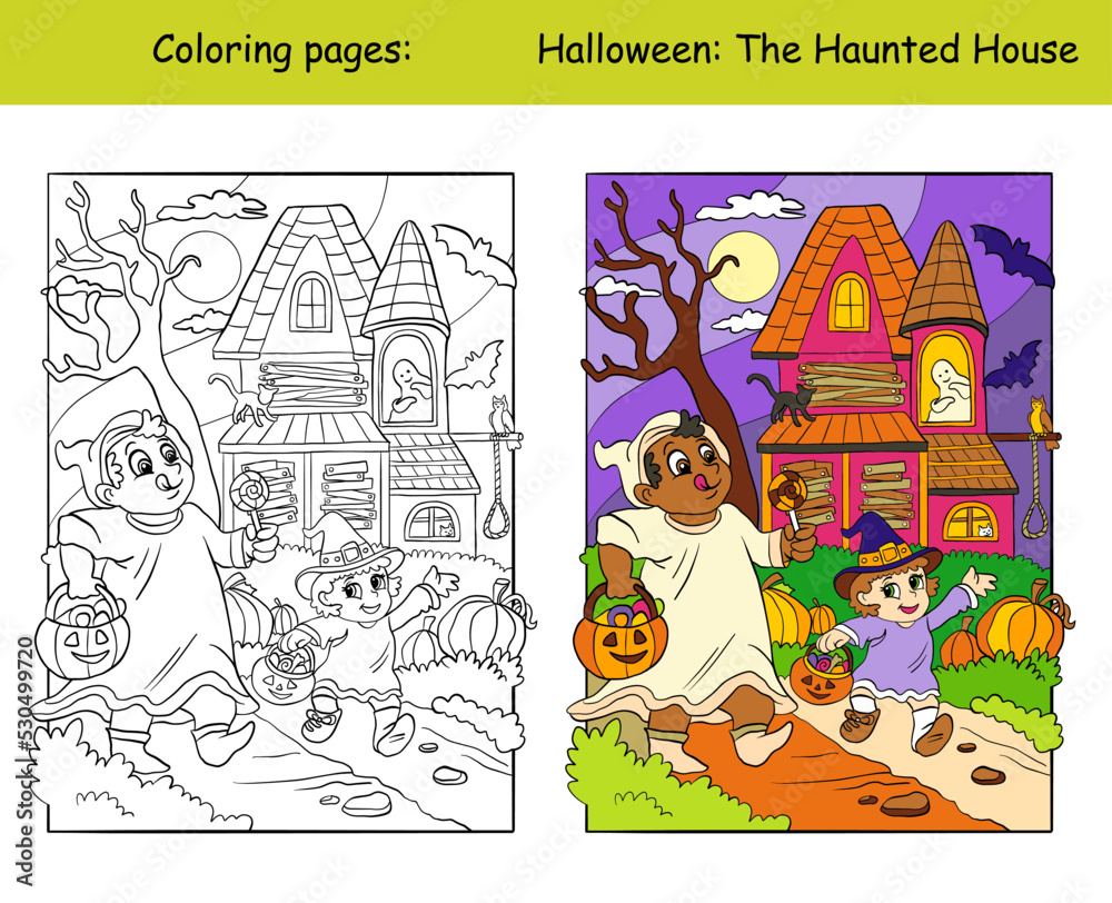 Coloring and color Halloween children and haunted house vector