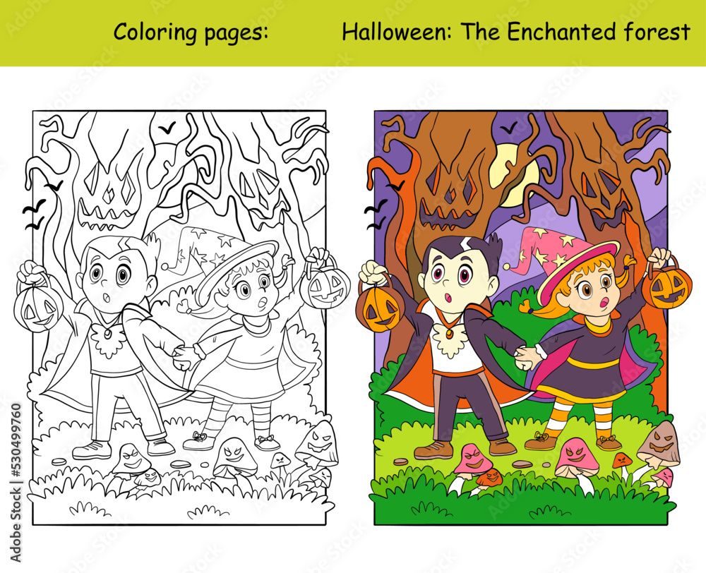 Coloring and color Halloween kids in forest vector illustration