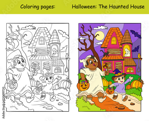 Coloring and color Halloween children and haunted house vector