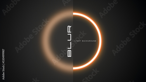 Glow light ring on black background with blured glass in glassmorphism style. Abstract modern banner, circle laser neon light, blur effect on half background. Futuristic poster or flyer