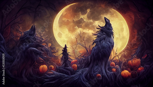 Canvas Print Horror digital art of a fantasy wolf howling at full moon.